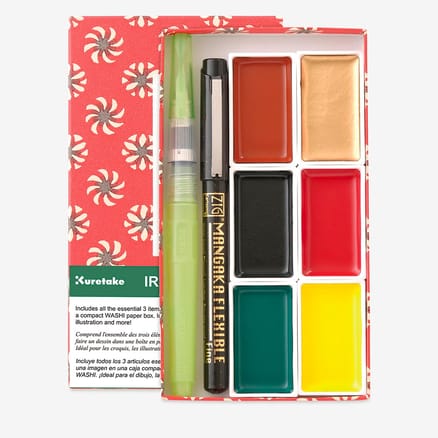 Kuretake : Irodori Kobako Red : Set of 6 Gansai Tambi Watercolour Pans and 2 Pens