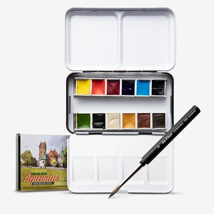 Roman Szmal : Aquarius : Watercolour Paint : Half Pan : Metal Tin : Urban Sketchers Set of 12 with Da Vinci Casaneo Travel Brush Size 6